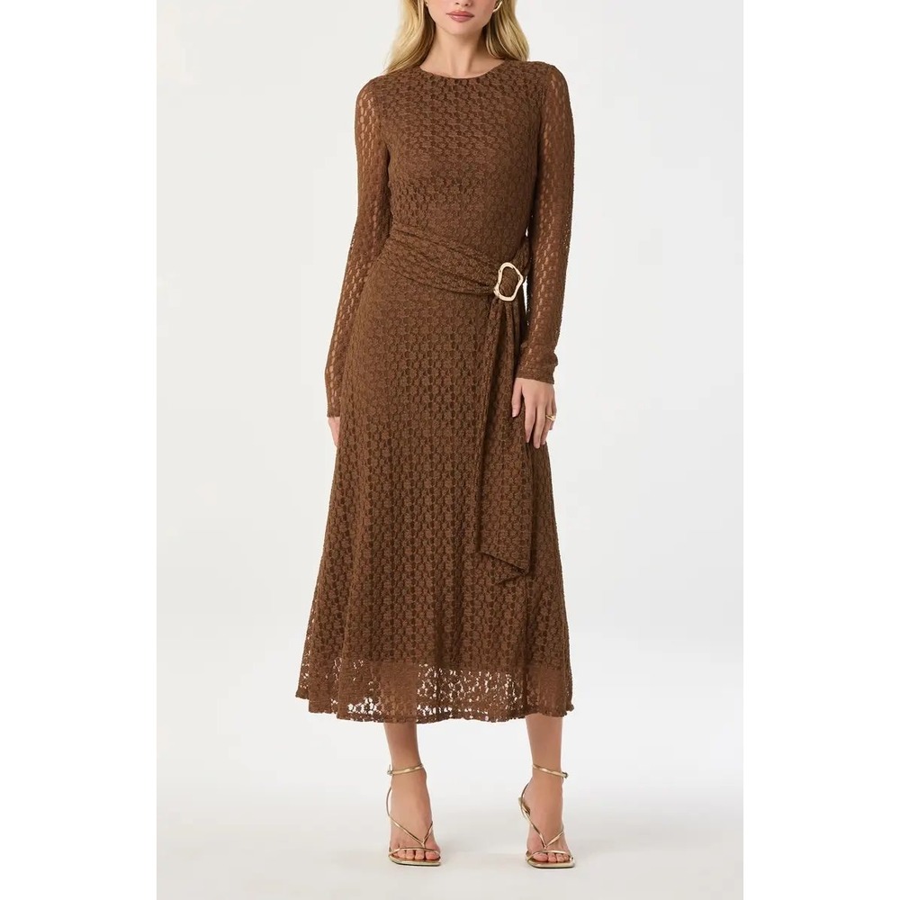 ASTR‎ The Label Brown Lace Long Sleeve Buckle Midi Dress XL New With Tags
